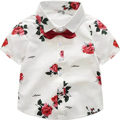Boys Flower Cotton Shirt Tops Short Sleeves Button Down Casual