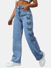 Butterfly Print High Waist Straight Leg Jeans Y2k Street Style Denim Pants