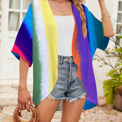 Rainbow Print Half Sleeve Cover Up Cardigan Open Front Vacation Kimono