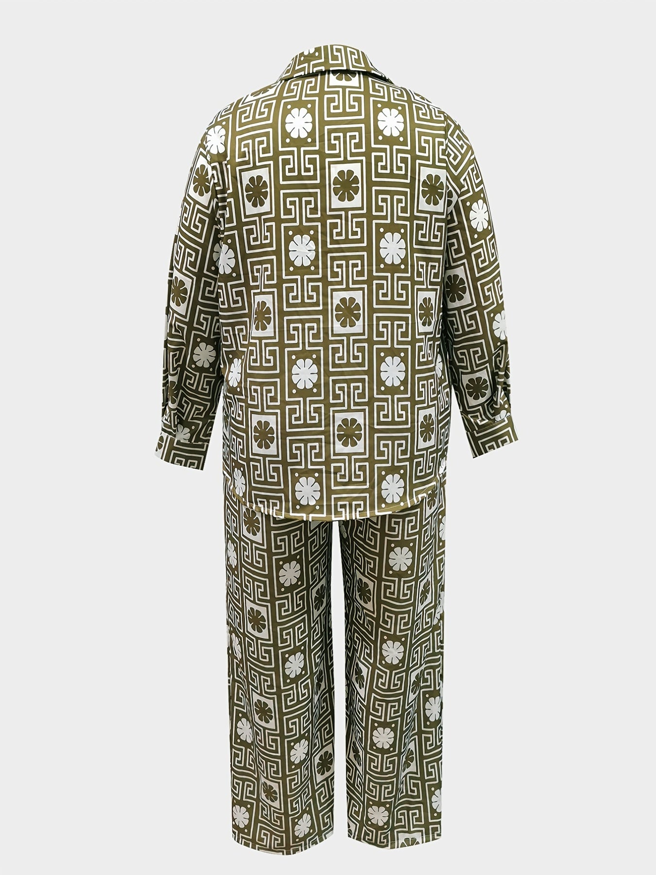 Greek Print Button Up Blouse & Wide Leg Pants Set