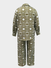 Greek Print Button Up Blouse & Wide Leg Pants Set