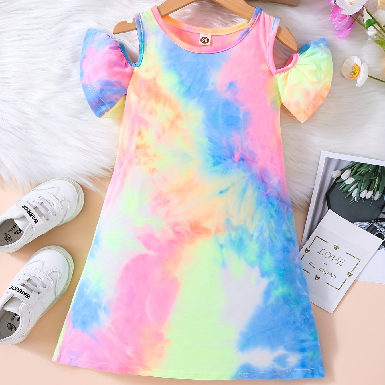 Girls Tie Dye Cold Shoulder Trumpet Sleeve T Shirt Dress