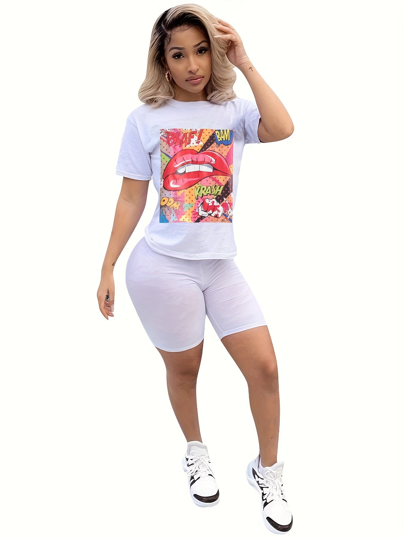 Graphic Print Short Sleeve T shirt & Bodycon Biker Shorts Set