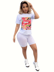 Graphic Print Short Sleeve T shirt & Bodycon Biker Shorts Set
