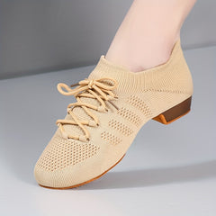 Women's Jazz Dance Shoes Lace Up Chunky Block Flying Woven