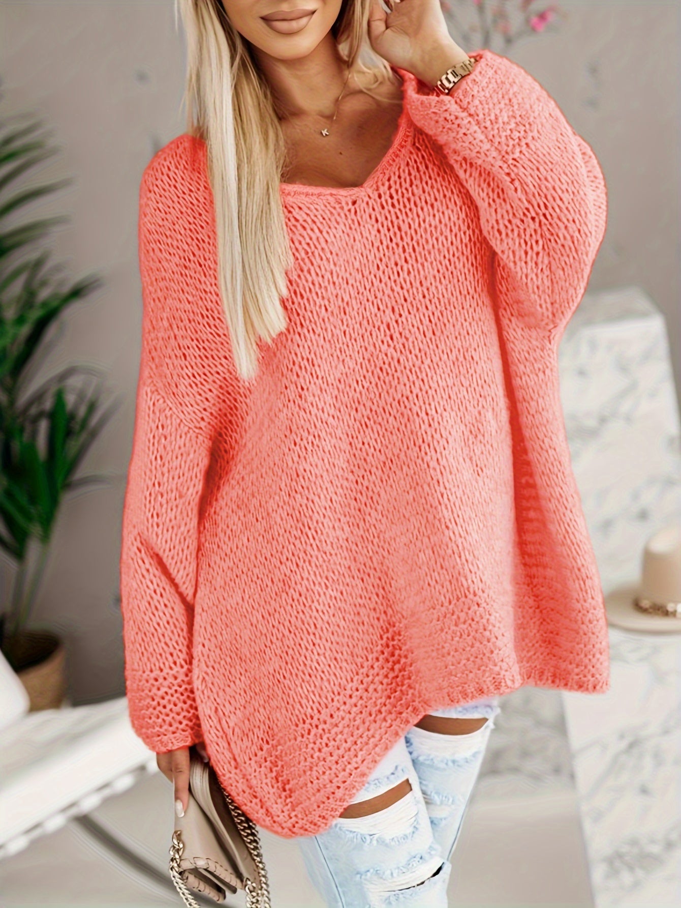 Casual Sweater Women's Plus Solid Long Sleeve V Neck Pullover