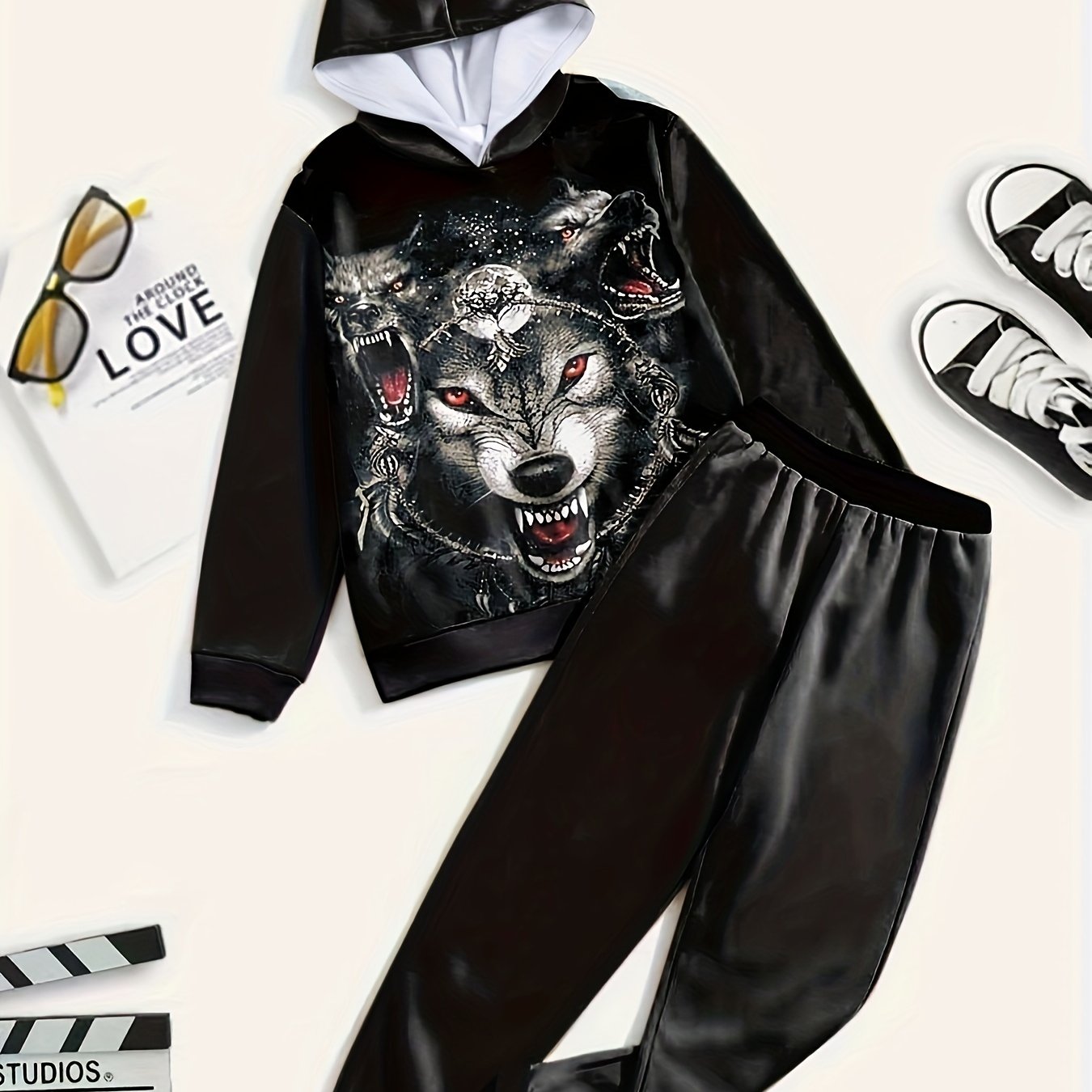 3D Wolf Graphic Hooded Sweatshirt Jogger Pants Set