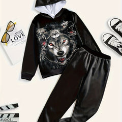 3D Wolf Graphic Hooded Sweatshirt Jogger Pants Set
