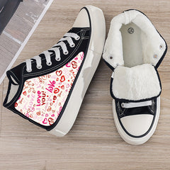 Love & Heart Print Plush Lined Thermal Chunky Canvas Sneakers
