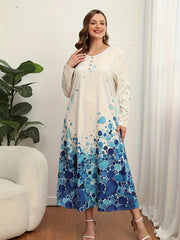 Casual Dress Women's Plus Dot & Ombre Print Long Sleeve V Neck Dress