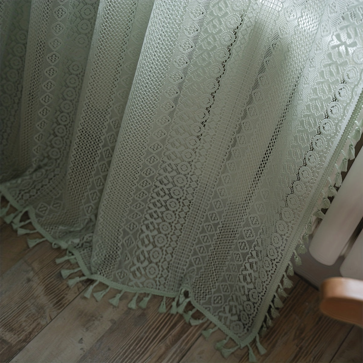 Green Translucent Curtain Rural Hollow Boho Macrame Tassels Window Drapes