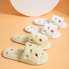 Cherry Pattern Plush Slippers Cozy Open Toe Fluffy Indoor Flat Shoes