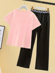 Girls Cat Graphic T Shirt & Wide Leg Pants Set Kids Spring Summer Clothes