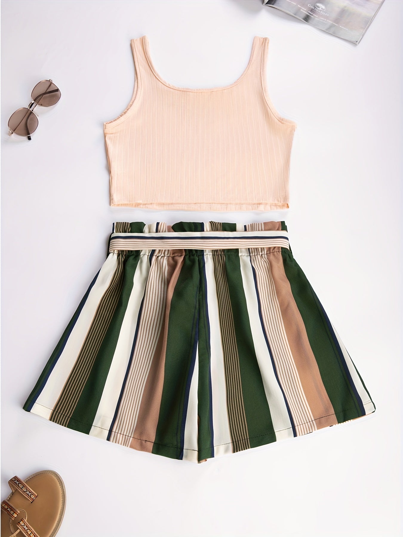Spring & Summer Two piece Set Tank Top & Striped Print Shorts