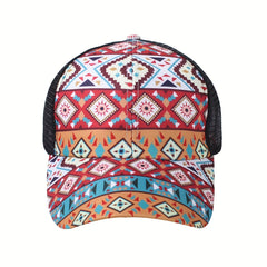Vintage Ponytail Trucker Hat Boho Geometric Print Baseball Cap