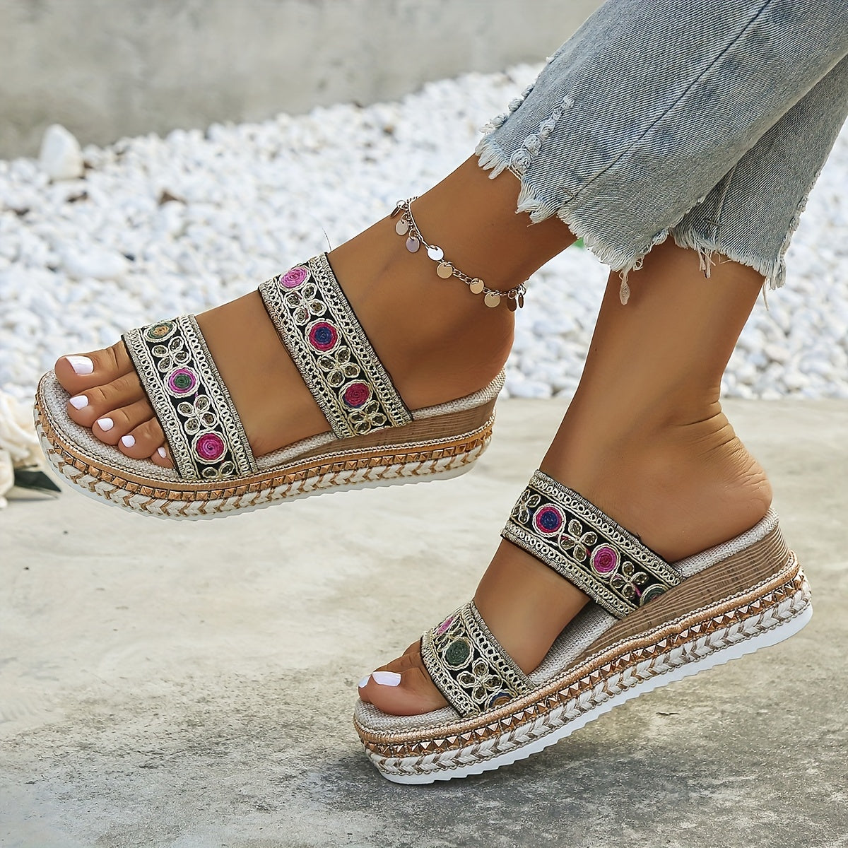 Women's Wedge Espadrille Sandals Square Toe Slip On Platform Slide Sandals