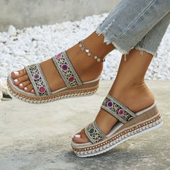 Women's Wedge Espadrille Sandals Square Toe Slip On Platform Slide Sandals