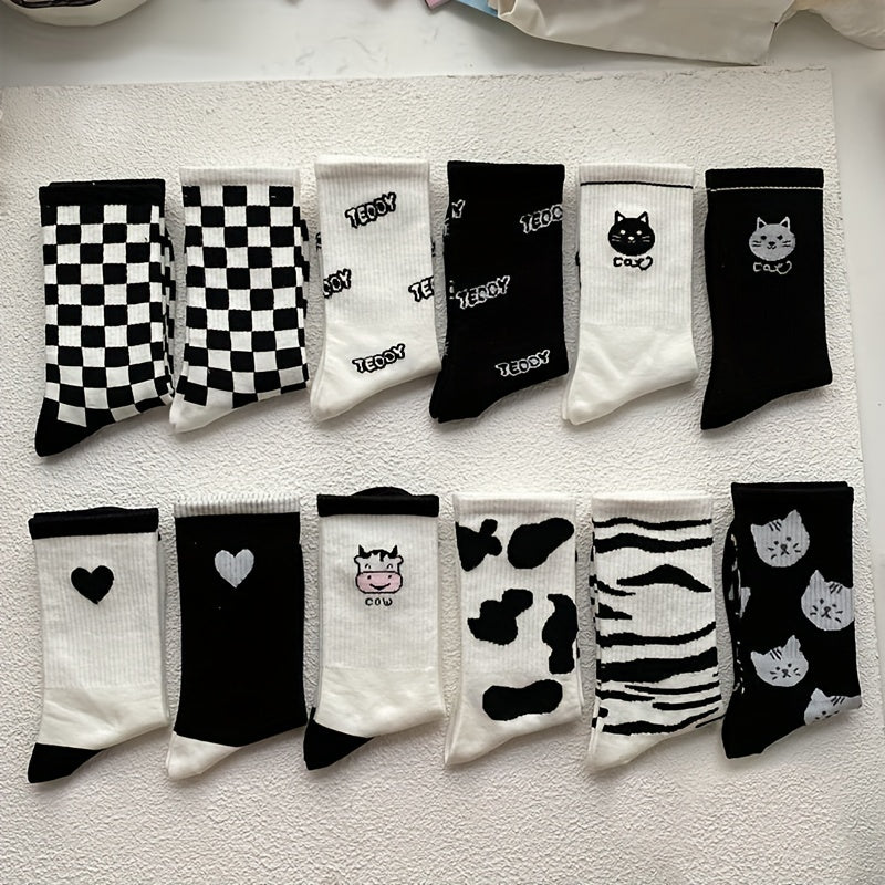 12 Pairs Cartoon Print Socks Women's Mid Tube Stockings