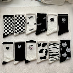 12 Pairs Cartoon Print Socks Women's Mid Tube Stockings