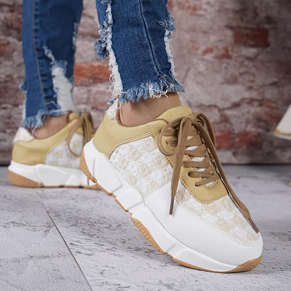 Women's Lightweight Sneakers Low Top Lace Up Knit & Faux Leather Patch Shoes
