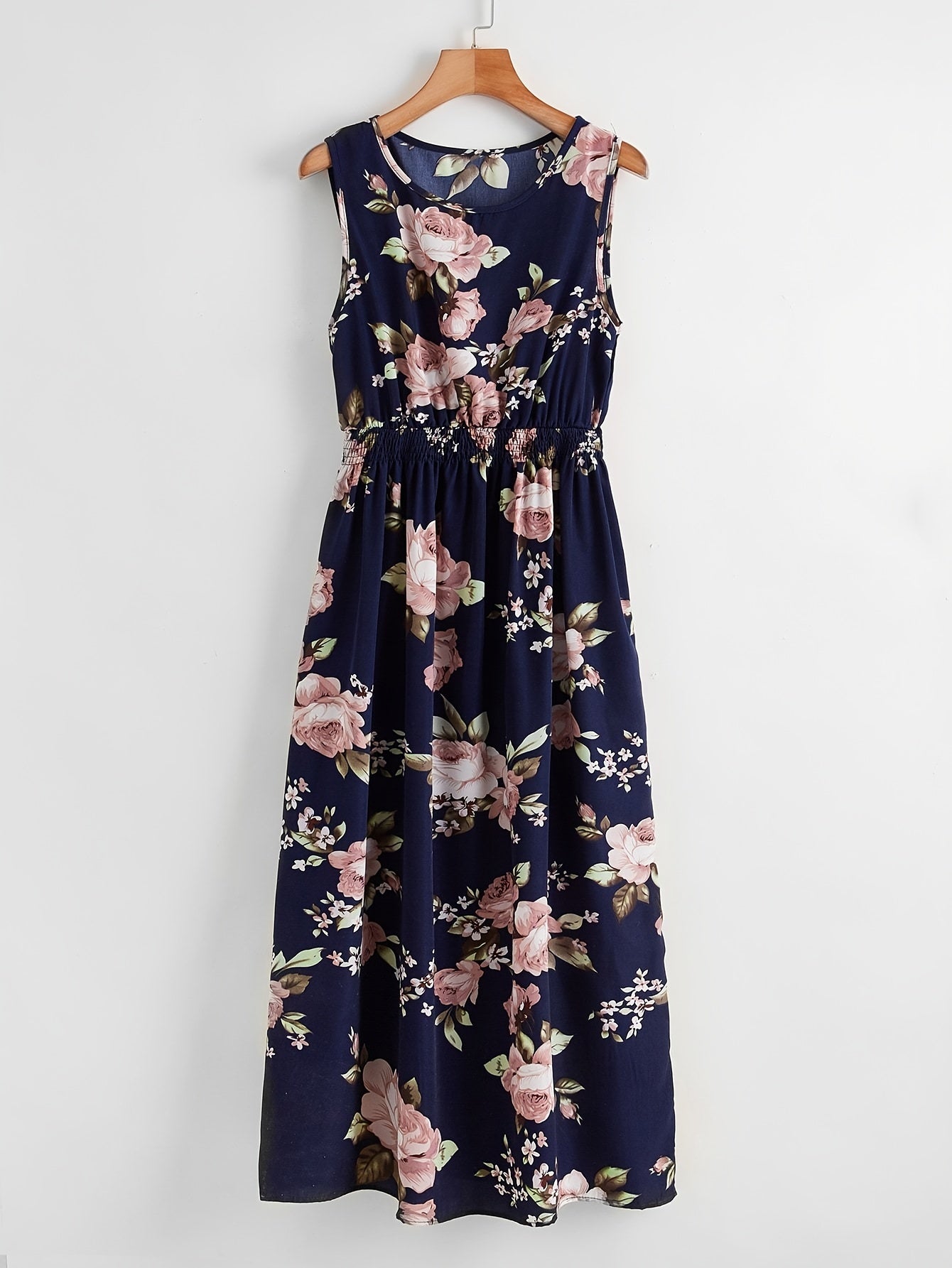 Floral Print Shirred Flared Dress Sleeveless Tank Dress Women's Clothing