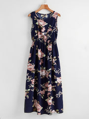Floral Print Shirred Flared Dress Sleeveless Tank Dress Women's Clothing