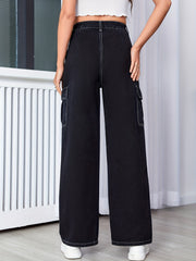 Cargo Jeans High Rise Solid Denim Pants