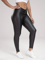 Faux PU Leather Cross Waist Fitness Gym Sports Leggings