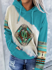 Ethnic Print Kangaroo Pocket Hoodie Long Sleeve Drawstring Hoodie