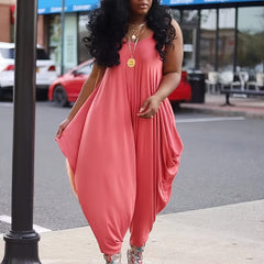 Solid Spaghetti Harem Jumpsuit Casual Ruffle Trim Sleeveless Baggy Jumpsuit
