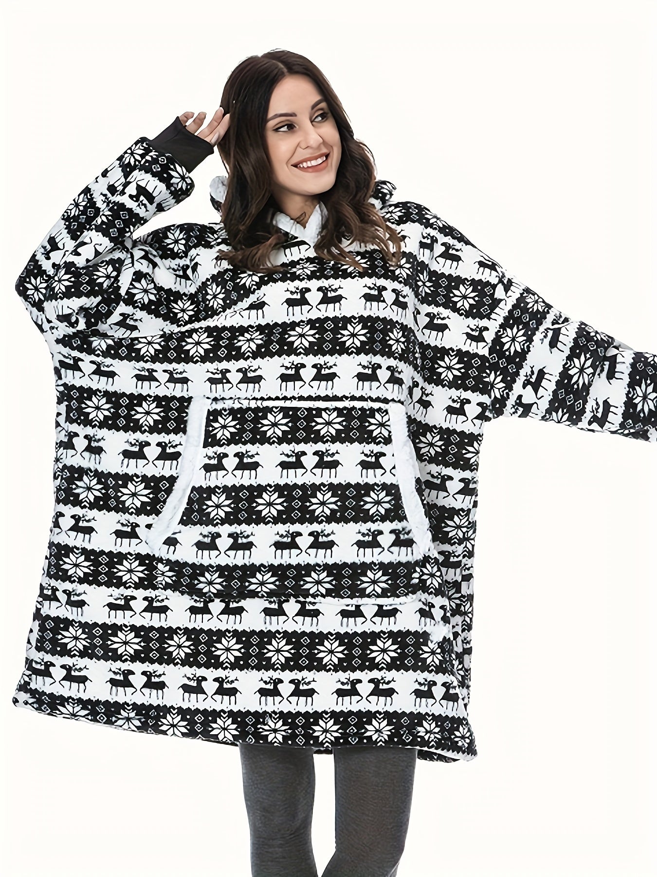 Elk & Snowflake Flannel Fleece Hooded TV Blanket