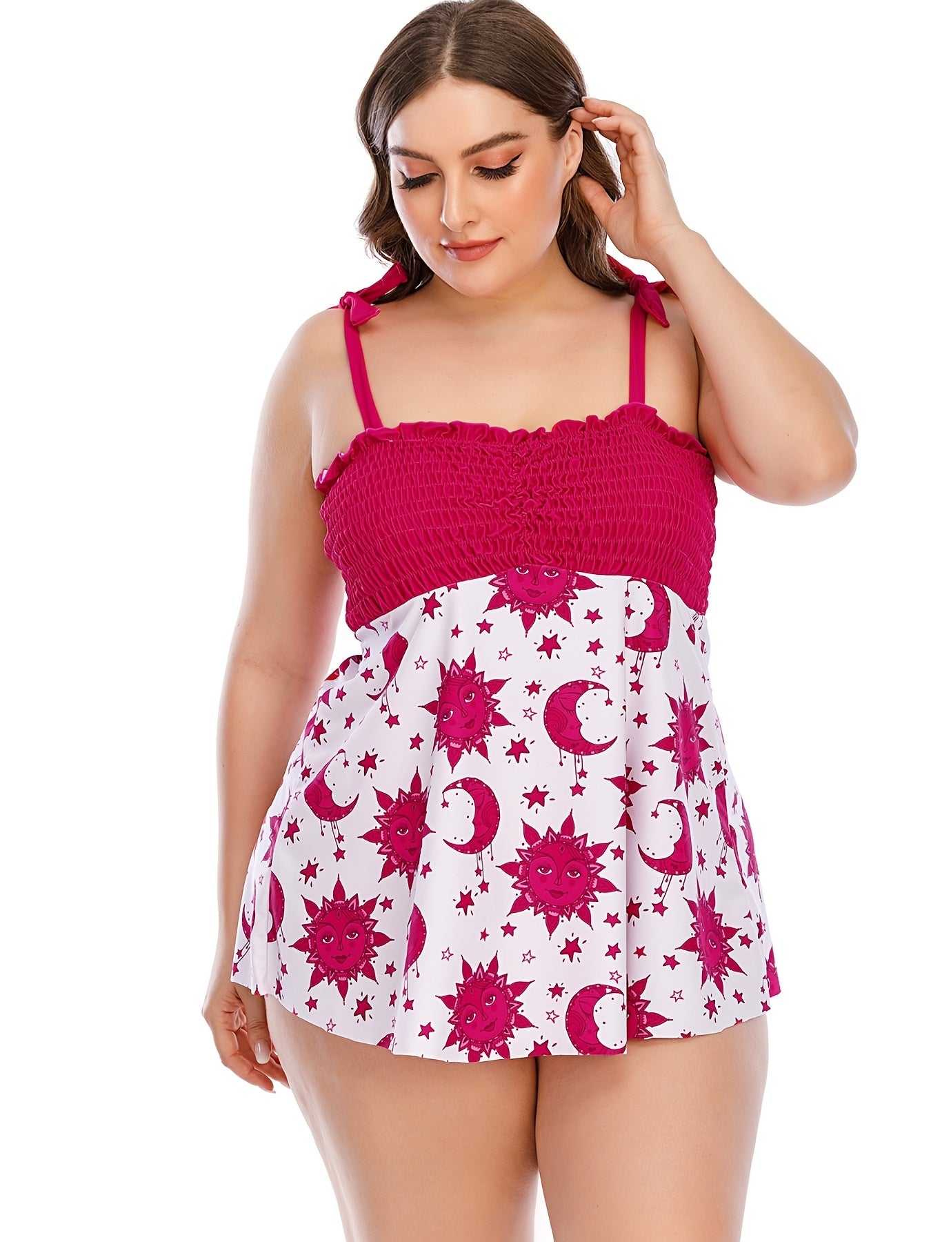 Sun & Moon Print Shirred Top & Panty Swimsuit Set 2pcs