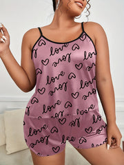Letter & Heart Print Cami Top & Shorts Set