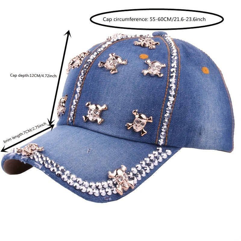 Metal Skull Patch Baseball Cap Distressed Denim Sports Hat