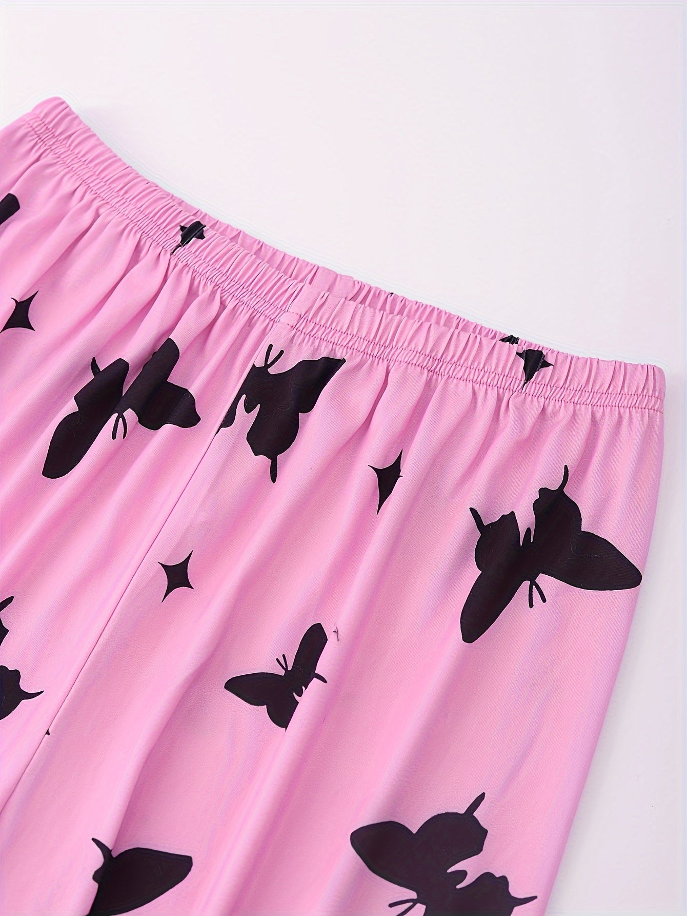 Heart & Butterfly Print Pajama Set Crew Neck Top & Elastic Waistband Pants