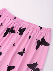 Heart & Butterfly Print Pajama Set Crew Neck Top & Elastic Waistband Pants