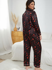 Kiss Print Silk Satin Shirt & Pants Pajamas Set