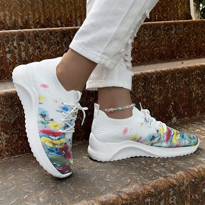 Floral Print Sock Sneakers Lace Up Low Top Sports Shoes
