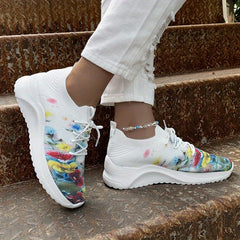Floral Print Sock Sneakers Lace Up Low Top Sports Shoes