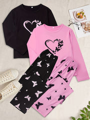 Heart & Butterfly Print Pajama Set Crew Neck Top & Elastic Waistband Pants