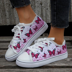 Women's Butterfly Pattern Canvas Shoes - Lace Up Low Round Toe Flat