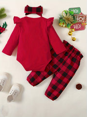 Baby Girls 3pcs Christmas Outfit MY 1ST CHRISTMAS Print Romper & Plaid Pants