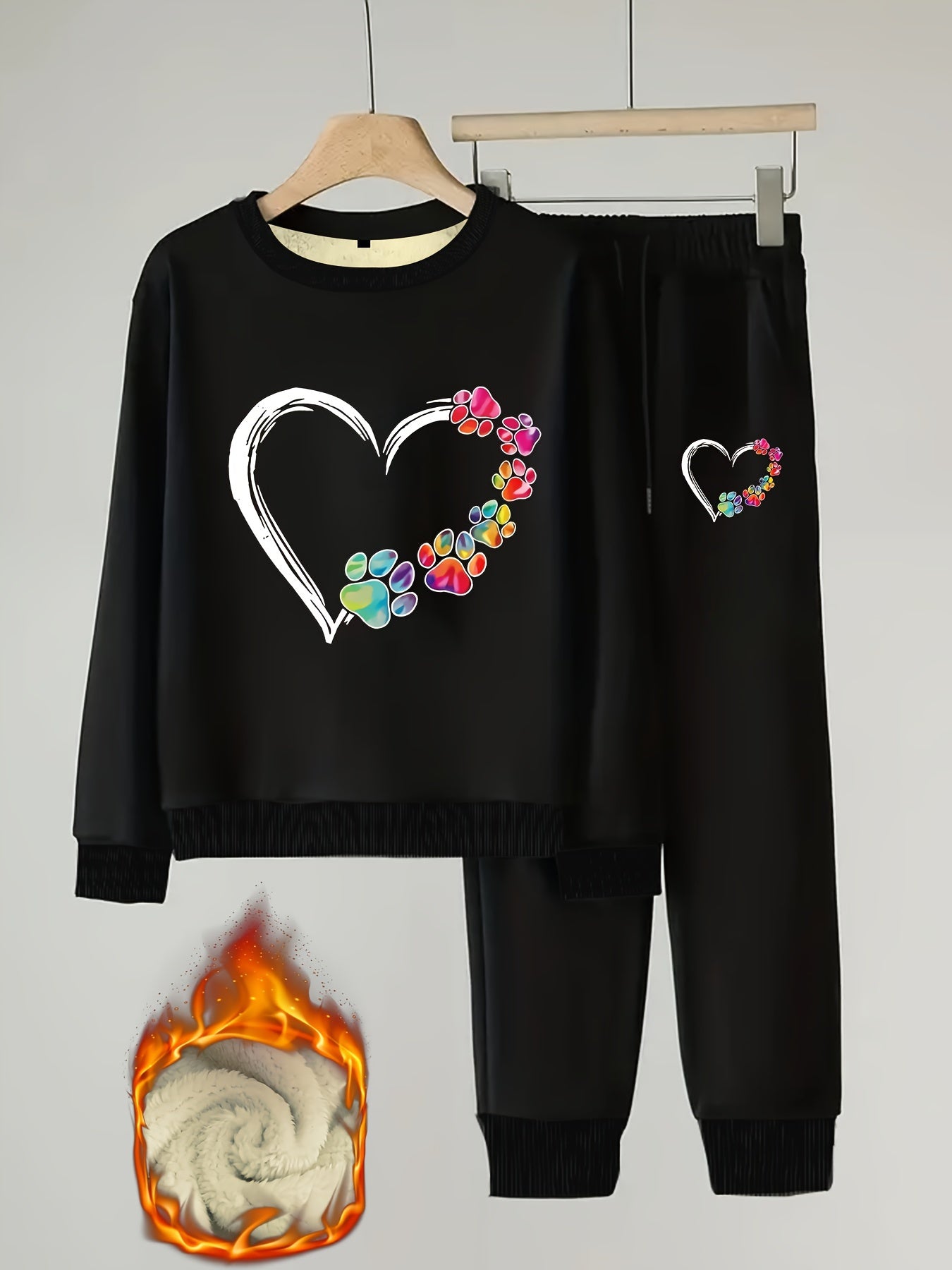 Women's Plus Rainbow Dog Paw & Heart Print Fleece Top & Joggers Set