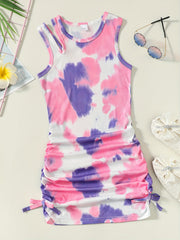 Girls Tie Dye Sleeveless Dress Round Neck Off Shoulder Bag Hip Dress