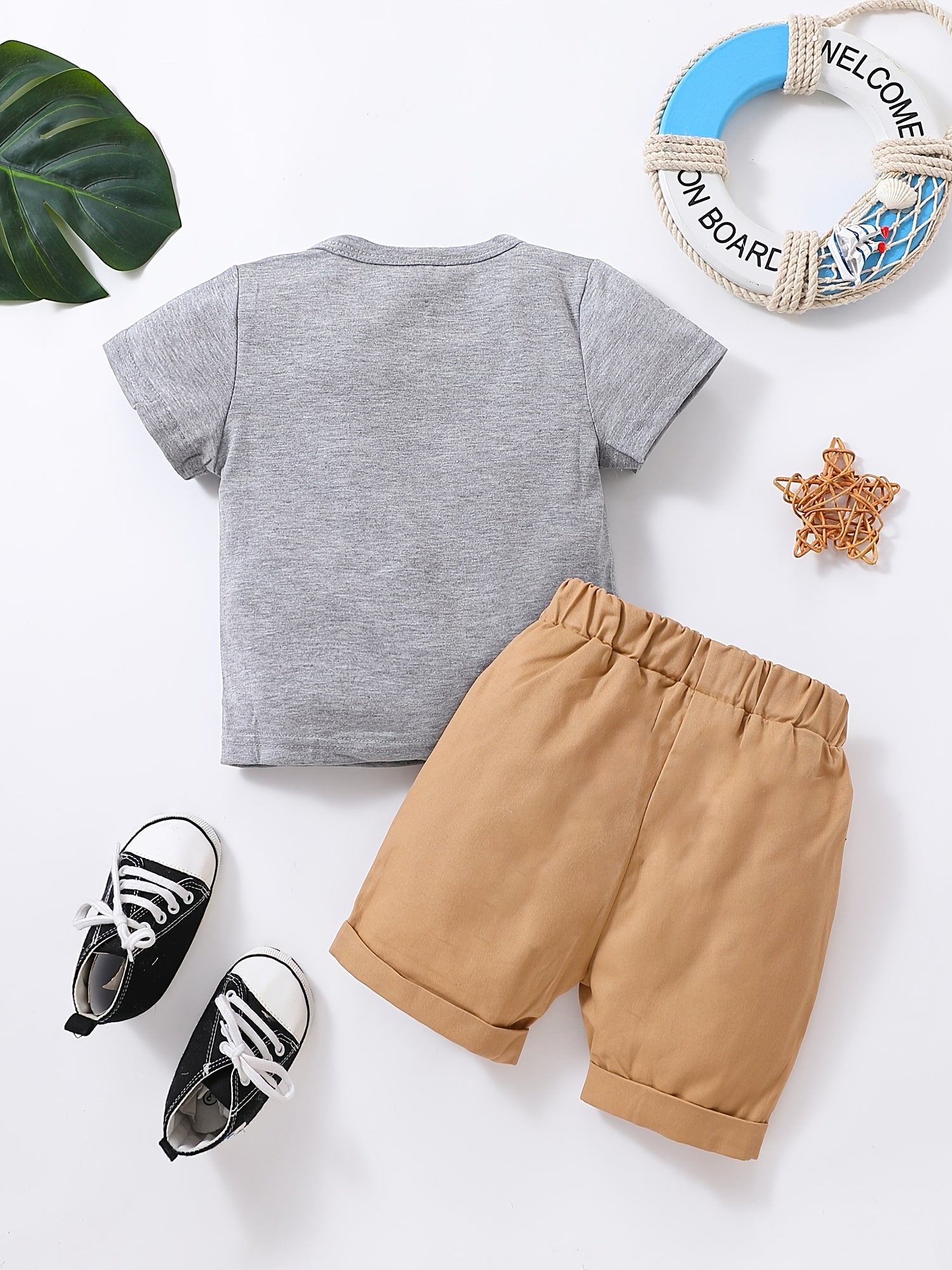 2pcs Boys Anchor & Letter Print Tee Top & Shorts Set Kids Summer Clothes