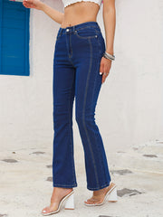 Flare Leg Denim Pants Slash Pocket Zipper Button Closure