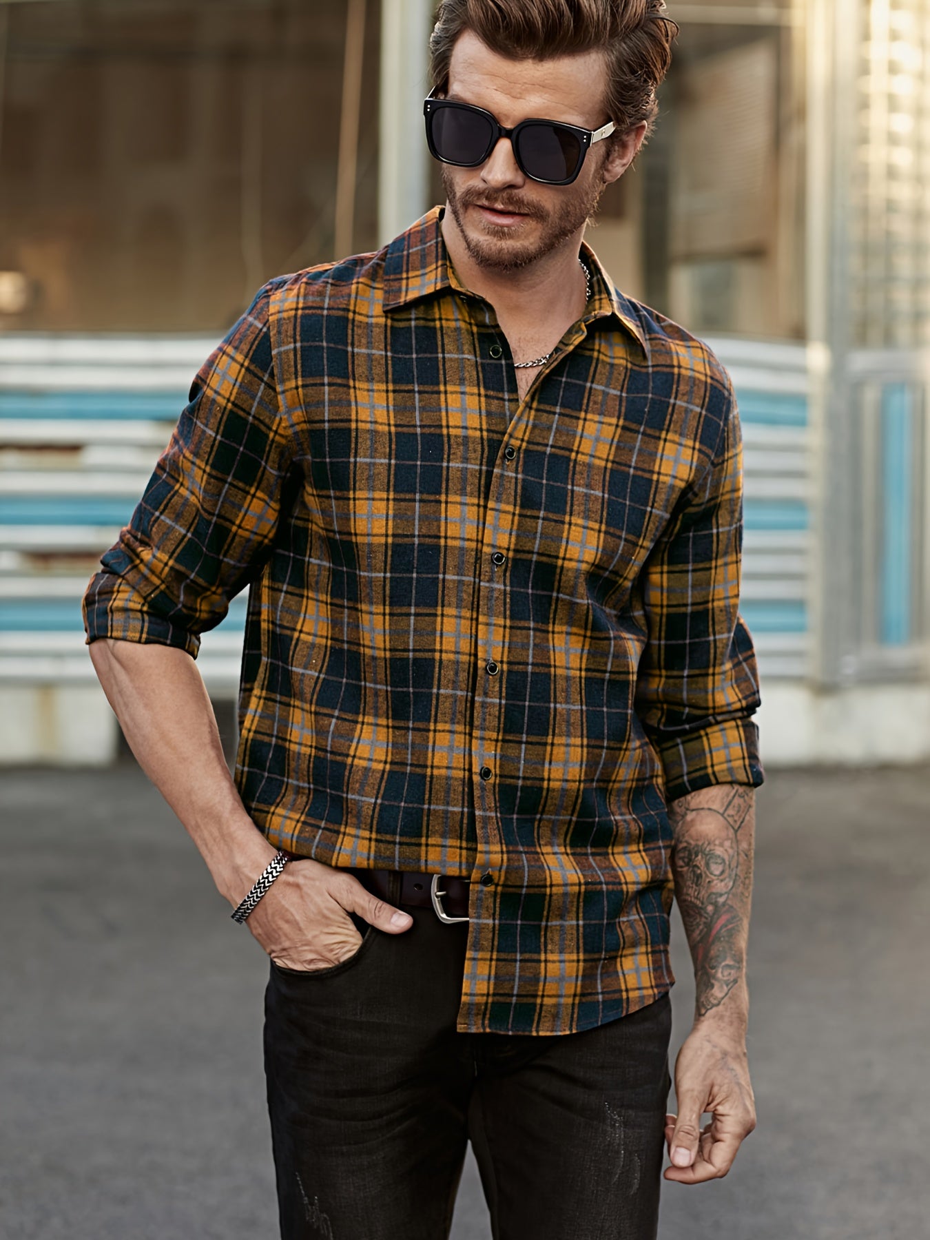 Men's Plaid Lapel Shirt Long Sleeve Casual