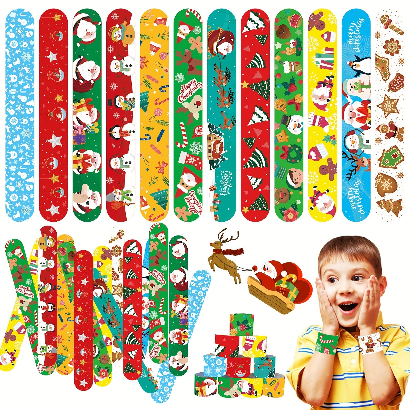 24pcs Christmas Snap Bracelets Assorted Xmas Pattern Slap Wristband Party Favors