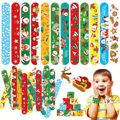 24pcs Christmas Snap Bracelets Assorted Xmas Pattern Slap Wristband Party Favors