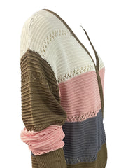 Block Eyelet Pullover V Neck Sweater Long Sleeve